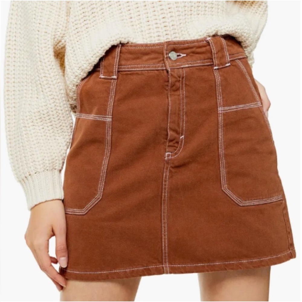 Topshop Brown Cargo Skirt with White Stitched Pockets - Size 6